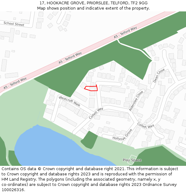 17, HOOKACRE GROVE, PRIORSLEE, TELFORD, TF2 9GG: Location map and indicative extent of plot