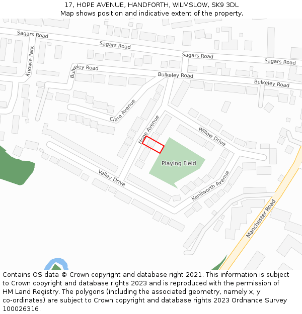 17, HOPE AVENUE, HANDFORTH, WILMSLOW, SK9 3DL: Location map and indicative extent of plot