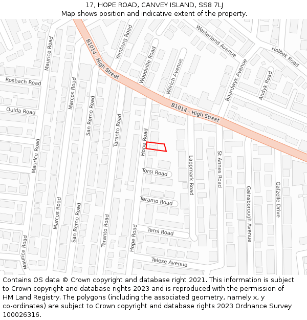 17, HOPE ROAD, CANVEY ISLAND, SS8 7LJ: Location map and indicative extent of plot