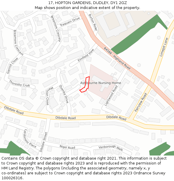 17, HOPTON GARDENS, DUDLEY, DY1 2GZ: Location map and indicative extent of plot