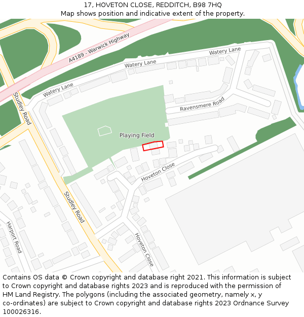 17, HOVETON CLOSE, REDDITCH, B98 7HQ: Location map and indicative extent of plot