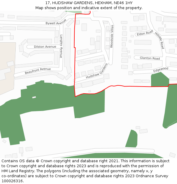 17, HUDSHAW GARDENS, HEXHAM, NE46 1HY: Location map and indicative extent of plot