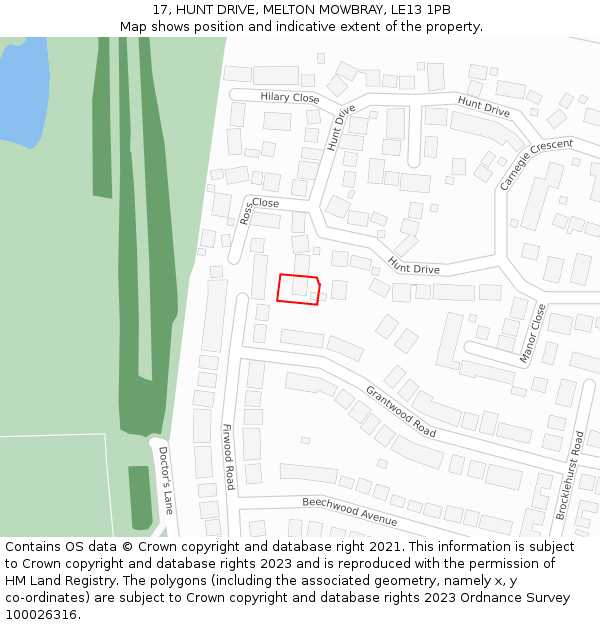 17, HUNT DRIVE, MELTON MOWBRAY, LE13 1PB: Location map and indicative extent of plot