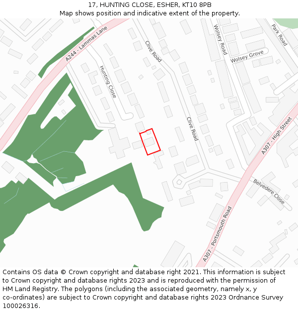 17, HUNTING CLOSE, ESHER, KT10 8PB: Location map and indicative extent of plot