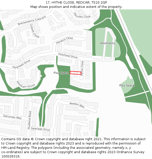 17, HYTHE CLOSE, REDCAR, TS10 2QP: Location map and indicative extent of plot