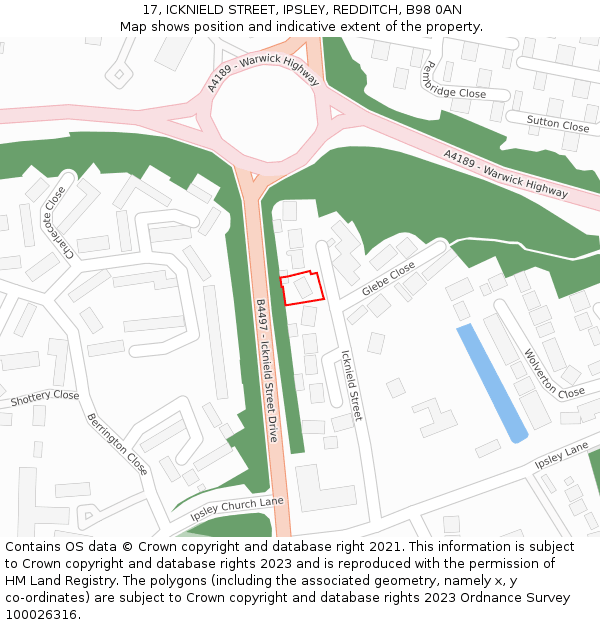 17, ICKNIELD STREET, IPSLEY, REDDITCH, B98 0AN: Location map and indicative extent of plot