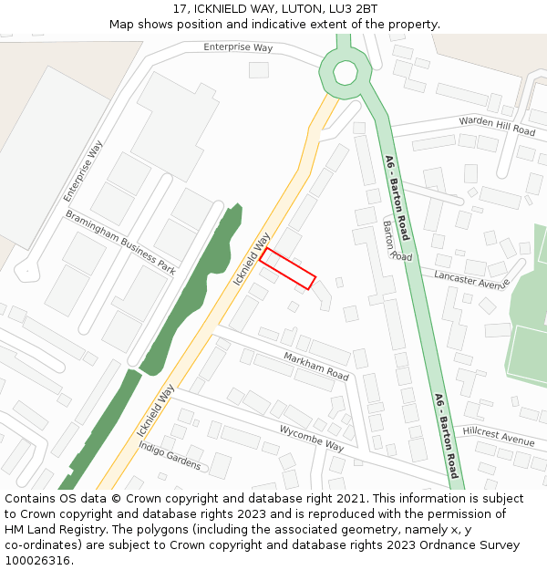 17, ICKNIELD WAY, LUTON, LU3 2BT: Location map and indicative extent of plot