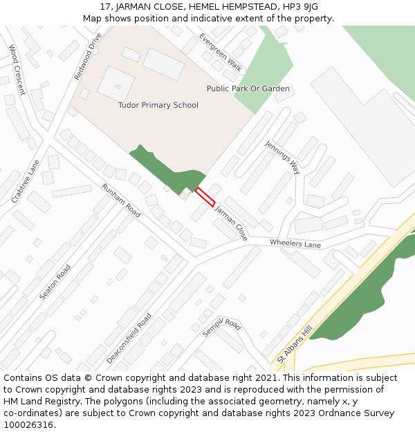 17, JARMAN CLOSE, HEMEL HEMPSTEAD, HP3 9JG: Location map and indicative extent of plot