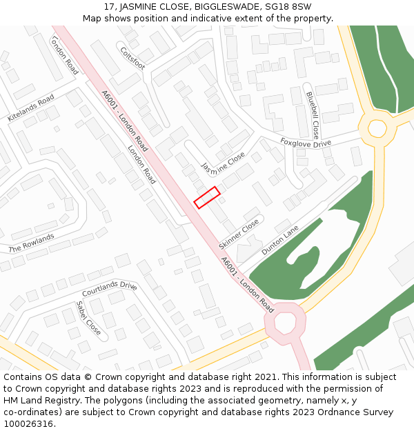 17, JASMINE CLOSE, BIGGLESWADE, SG18 8SW: Location map and indicative extent of plot