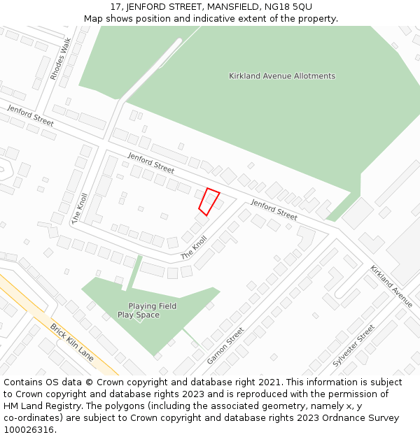 17, JENFORD STREET, MANSFIELD, NG18 5QU: Location map and indicative extent of plot
