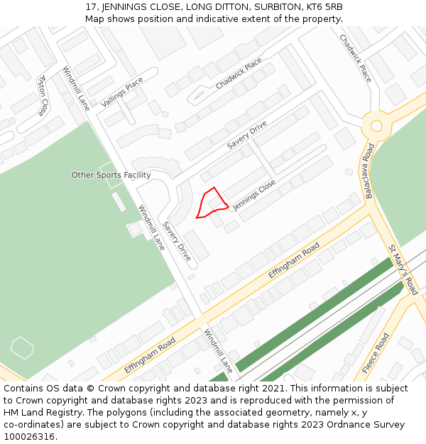 17, JENNINGS CLOSE, LONG DITTON, SURBITON, KT6 5RB: Location map and indicative extent of plot