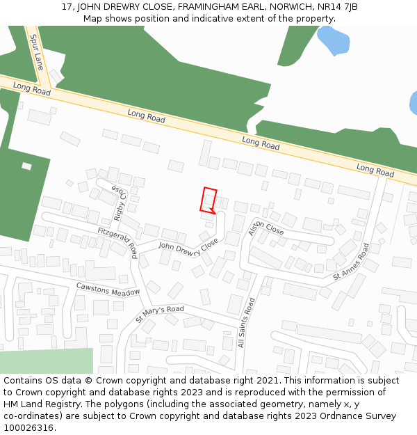 17, JOHN DREWRY CLOSE, FRAMINGHAM EARL, NORWICH, NR14 7JB: Location map and indicative extent of plot