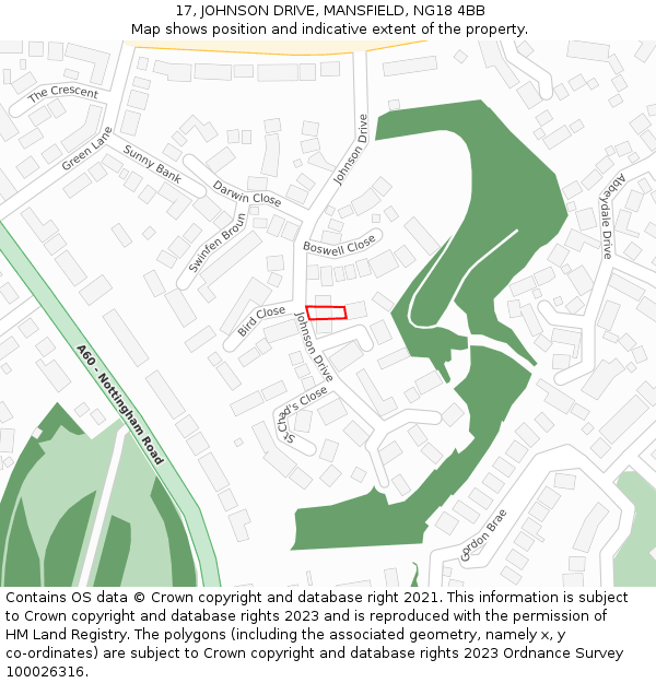 17, JOHNSON DRIVE, MANSFIELD, NG18 4BB: Location map and indicative extent of plot