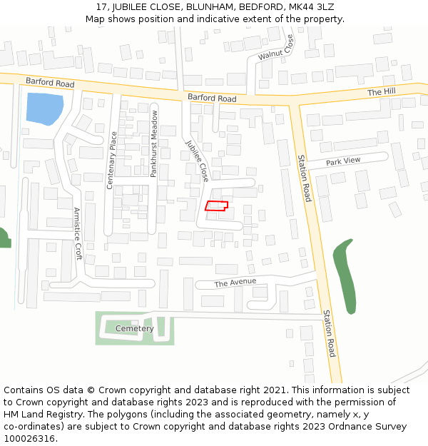 17, JUBILEE CLOSE, BLUNHAM, BEDFORD, MK44 3LZ: Location map and indicative extent of plot