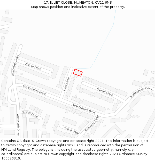 17, JULIET CLOSE, NUNEATON, CV11 6NS: Location map and indicative extent of plot