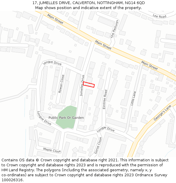 17, JUMELLES DRIVE, CALVERTON, NOTTINGHAM, NG14 6QD: Location map and indicative extent of plot