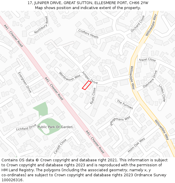 17, JUNIPER DRIVE, GREAT SUTTON, ELLESMERE PORT, CH66 2YW: Location map and indicative extent of plot