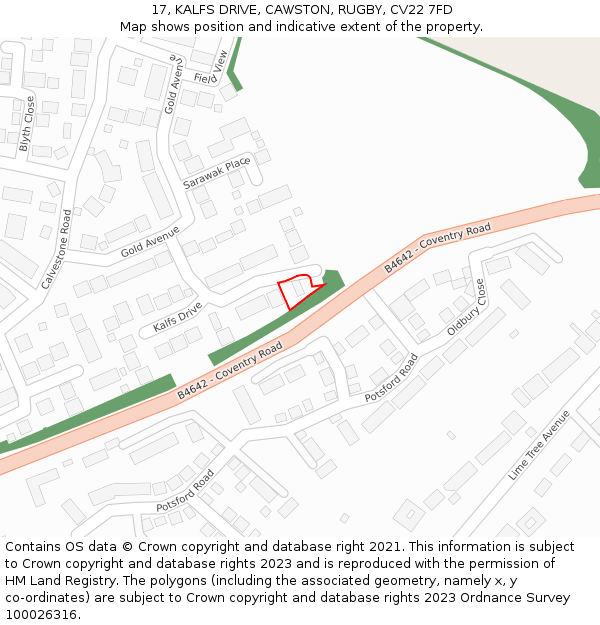 17, KALFS DRIVE, CAWSTON, RUGBY, CV22 7FD: Location map and indicative extent of plot