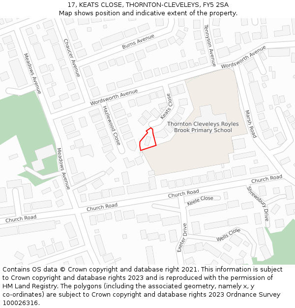 17, KEATS CLOSE, THORNTON-CLEVELEYS, FY5 2SA: Location map and indicative extent of plot