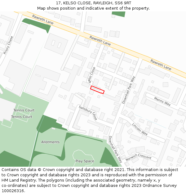 17, KELSO CLOSE, RAYLEIGH, SS6 9RT: Location map and indicative extent of plot