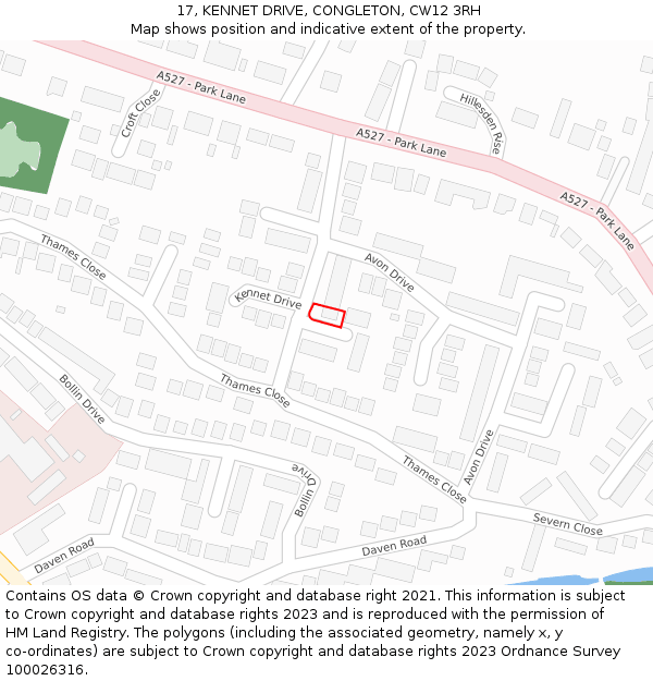 17, KENNET DRIVE, CONGLETON, CW12 3RH: Location map and indicative extent of plot