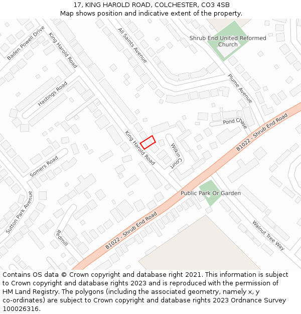 17, KING HAROLD ROAD, COLCHESTER, CO3 4SB: Location map and indicative extent of plot