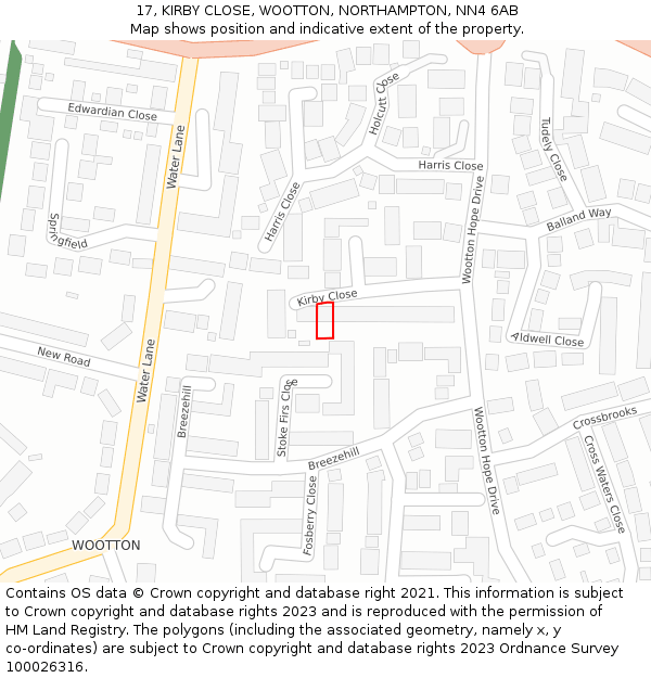 17, KIRBY CLOSE, WOOTTON, NORTHAMPTON, NN4 6AB: Location map and indicative extent of plot