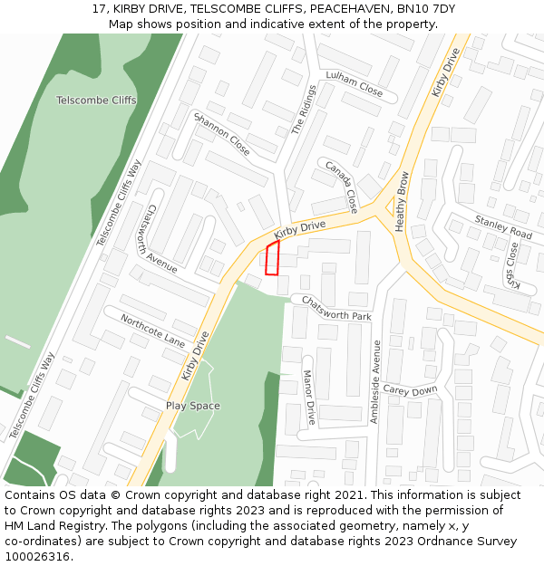 17, KIRBY DRIVE, TELSCOMBE CLIFFS, PEACEHAVEN, BN10 7DY: Location map and indicative extent of plot