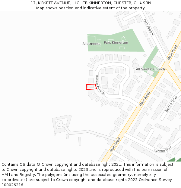 17, KIRKETT AVENUE, HIGHER KINNERTON, CHESTER, CH4 9BN: Location map and indicative extent of plot