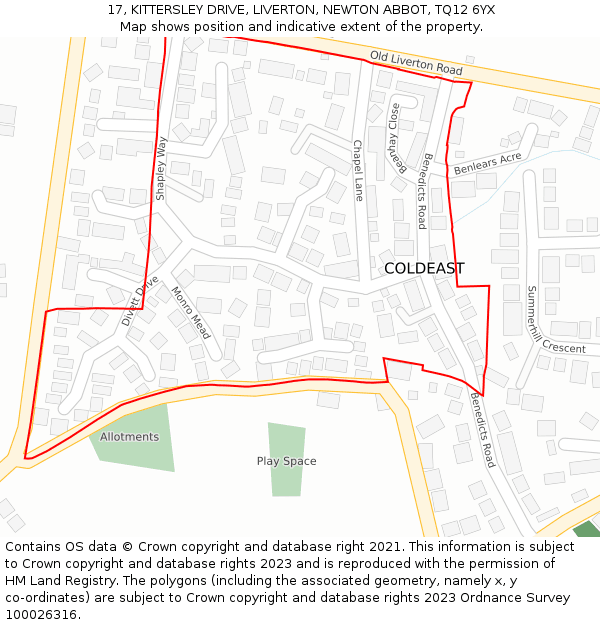 17, KITTERSLEY DRIVE, LIVERTON, NEWTON ABBOT, TQ12 6YX: Location map and indicative extent of plot