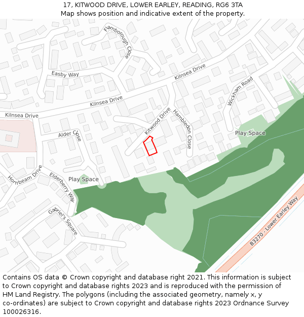 17, KITWOOD DRIVE, LOWER EARLEY, READING, RG6 3TA: Location map and indicative extent of plot