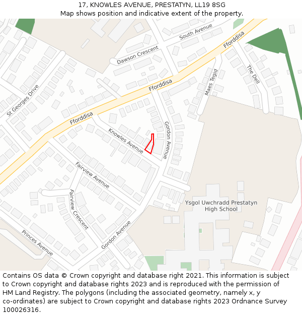 17, KNOWLES AVENUE, PRESTATYN, LL19 8SG: Location map and indicative extent of plot