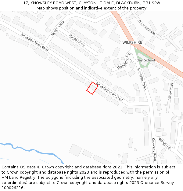 17, KNOWSLEY ROAD WEST, CLAYTON LE DALE, BLACKBURN, BB1 9PW: Location map and indicative extent of plot