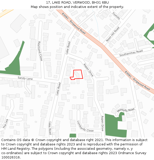 17, LAKE ROAD, VERWOOD, BH31 6BU: Location map and indicative extent of plot