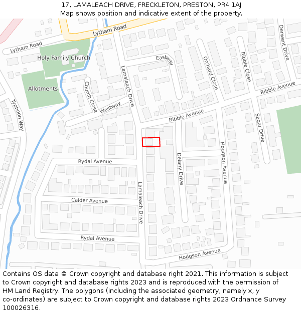 17, LAMALEACH DRIVE, FRECKLETON, PRESTON, PR4 1AJ: Location map and indicative extent of plot