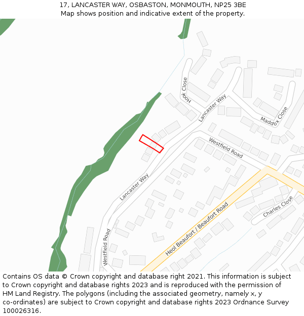 17, LANCASTER WAY, OSBASTON, MONMOUTH, NP25 3BE: Location map and indicative extent of plot