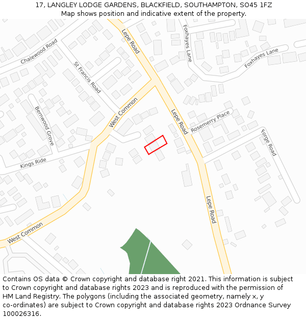 17, LANGLEY LODGE GARDENS, BLACKFIELD, SOUTHAMPTON, SO45 1FZ: Location map and indicative extent of plot