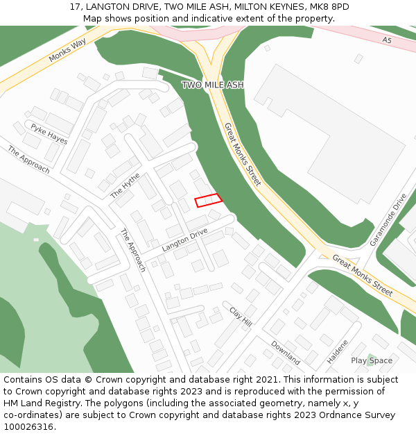 17, LANGTON DRIVE, TWO MILE ASH, MILTON KEYNES, MK8 8PD: Location map and indicative extent of plot