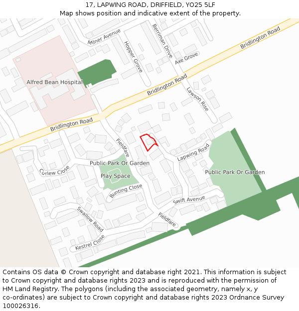 17, LAPWING ROAD, DRIFFIELD, YO25 5LF: Location map and indicative extent of plot