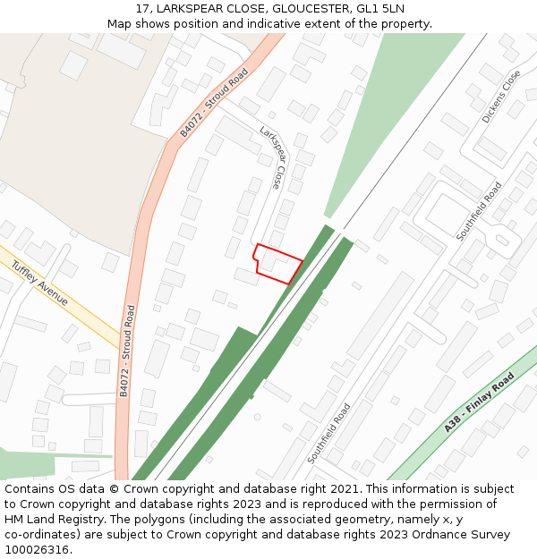 17, LARKSPEAR CLOSE, GLOUCESTER, GL1 5LN: Location map and indicative extent of plot