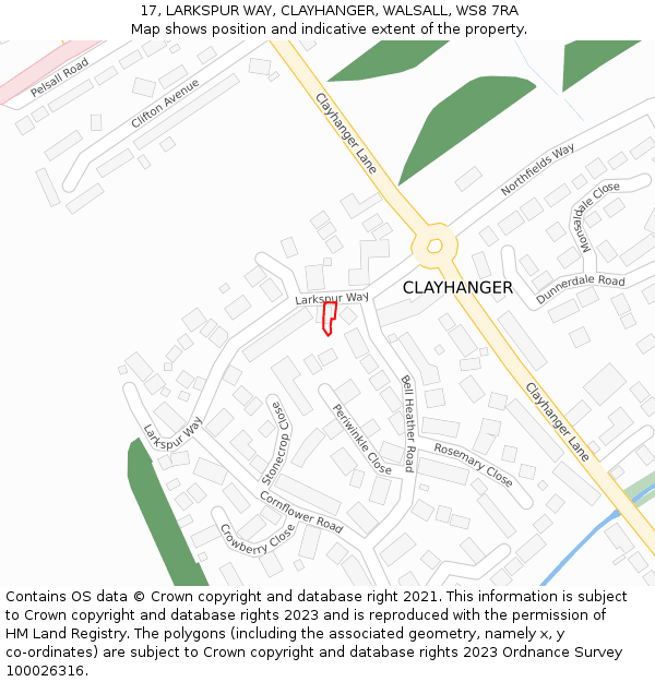 17, LARKSPUR WAY, CLAYHANGER, WALSALL, WS8 7RA: Location map and indicative extent of plot