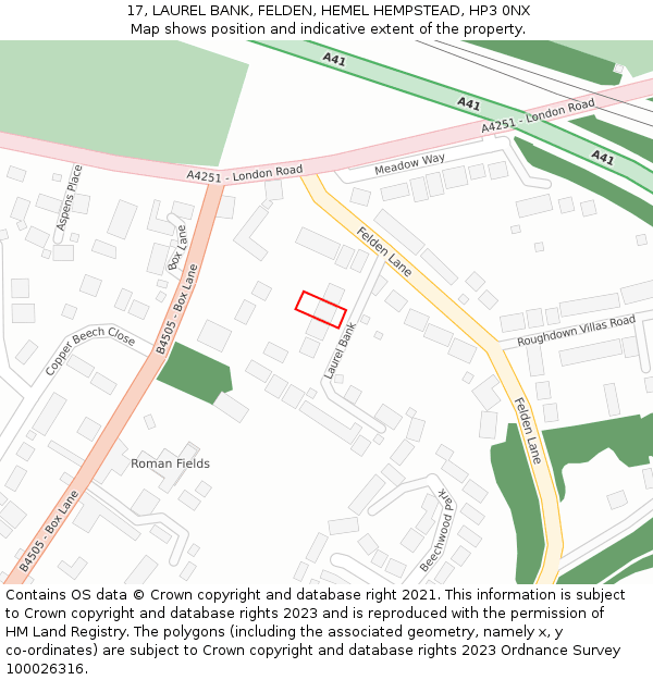 17, LAUREL BANK, FELDEN, HEMEL HEMPSTEAD, HP3 0NX: Location map and indicative extent of plot