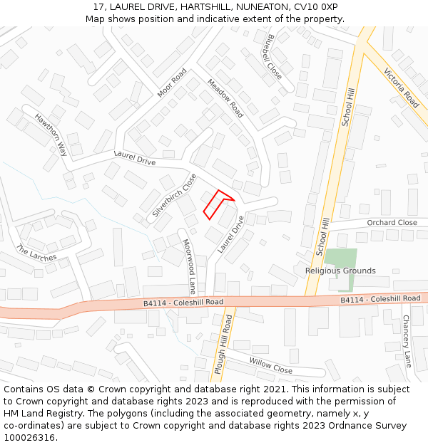 17, LAUREL DRIVE, HARTSHILL, NUNEATON, CV10 0XP: Location map and indicative extent of plot