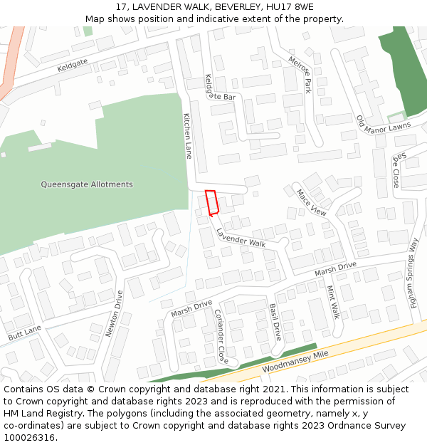 17, LAVENDER WALK, BEVERLEY, HU17 8WE: Location map and indicative extent of plot