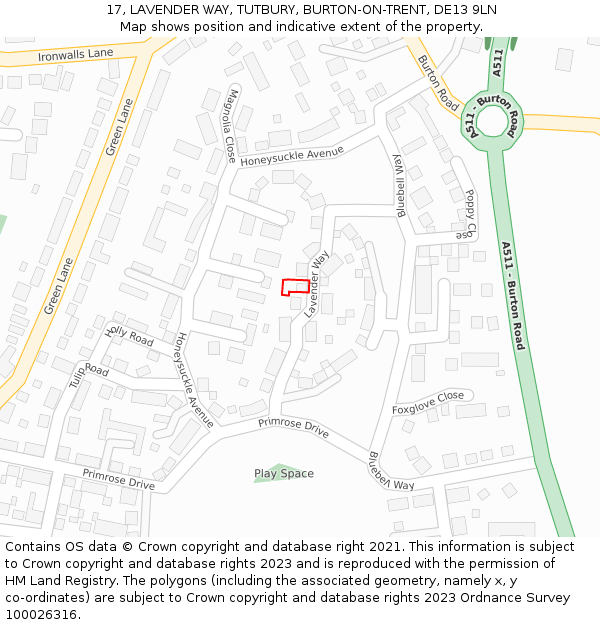 17, LAVENDER WAY, TUTBURY, BURTON-ON-TRENT, DE13 9LN: Location map and indicative extent of plot