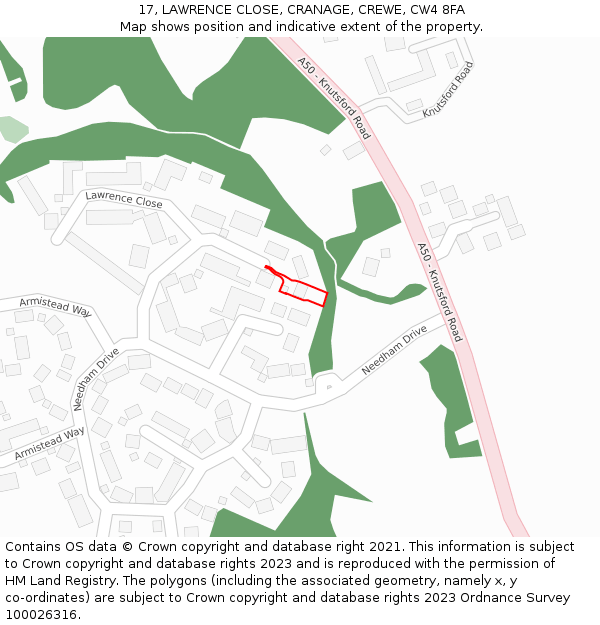 17, LAWRENCE CLOSE, CRANAGE, CREWE, CW4 8FA: Location map and indicative extent of plot