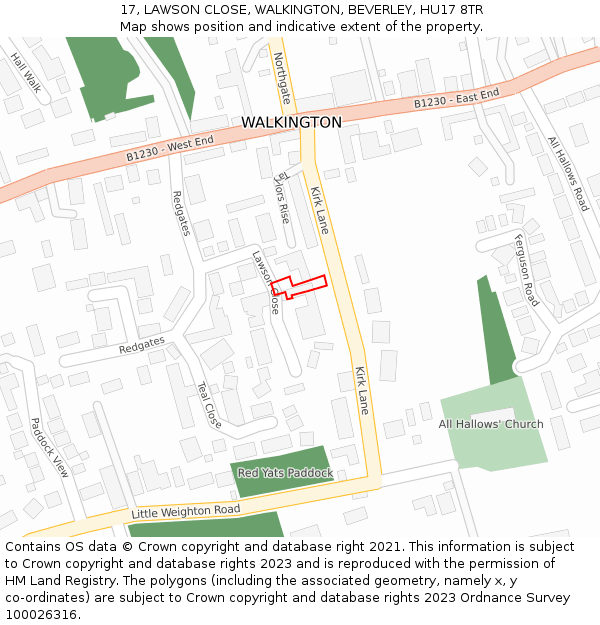 17, LAWSON CLOSE, WALKINGTON, BEVERLEY, HU17 8TR: Location map and indicative extent of plot