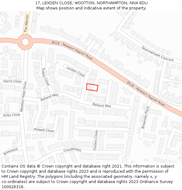 17, LEXDEN CLOSE, WOOTTON, NORTHAMPTON, NN4 6DU: Location map and indicative extent of plot