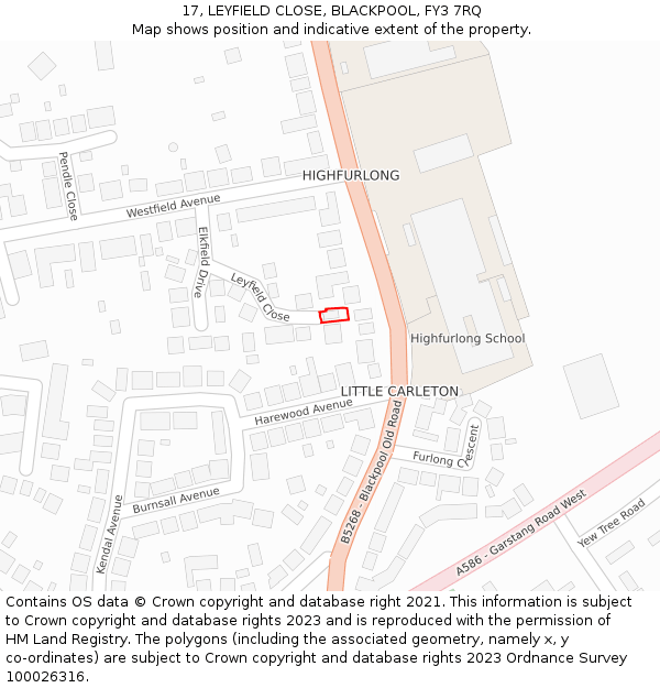 17, LEYFIELD CLOSE, BLACKPOOL, FY3 7RQ: Location map and indicative extent of plot