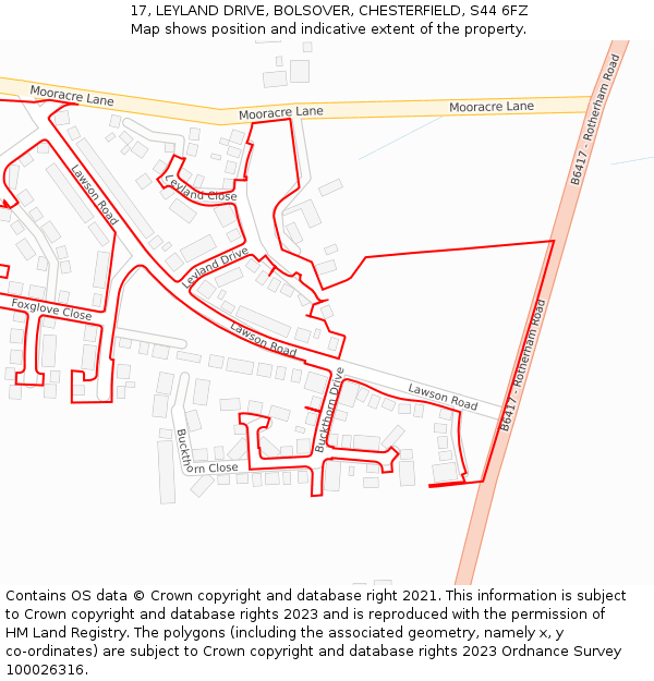 17, LEYLAND DRIVE, BOLSOVER, CHESTERFIELD, S44 6FZ: Location map and indicative extent of plot